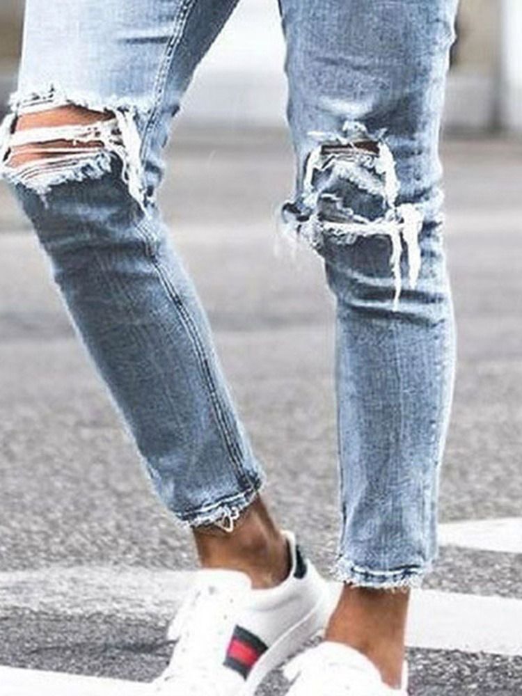 Hole Plain Pencil Pants Mid Waist Herre Casual Jeans