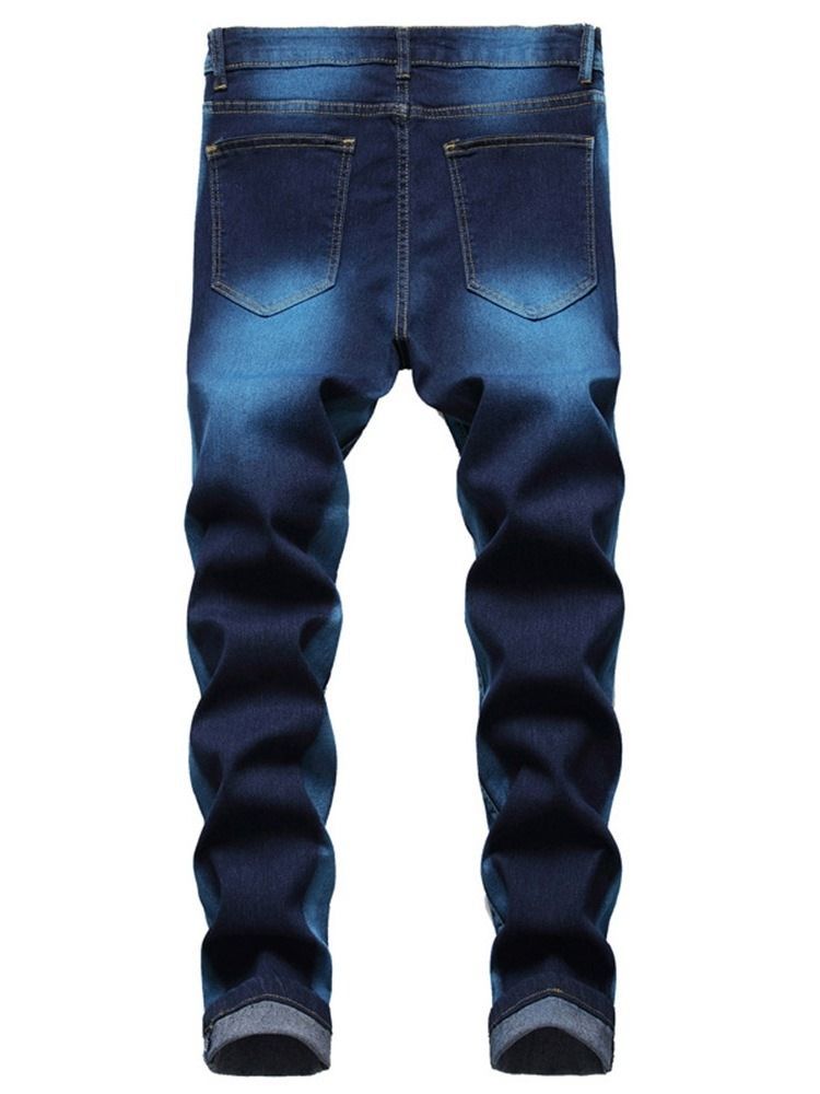 Hole Straight Zipper Mid Waist Men's Slim Jeans