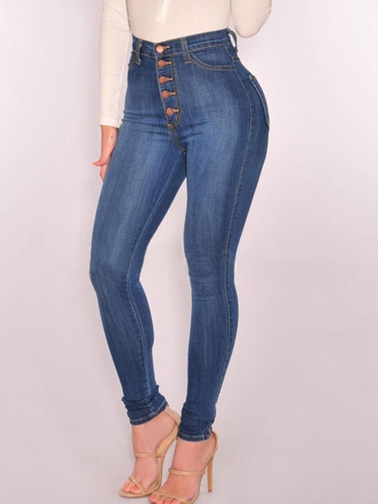 Kvinder Plain Denim-knap Skinny Jeans Med Høj Talje