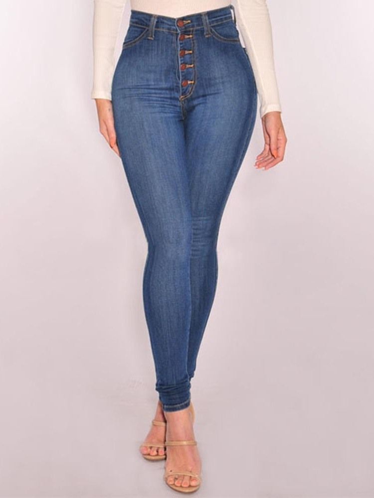 Kvinder Plain Denim-knap Skinny Jeans Med Høj Talje