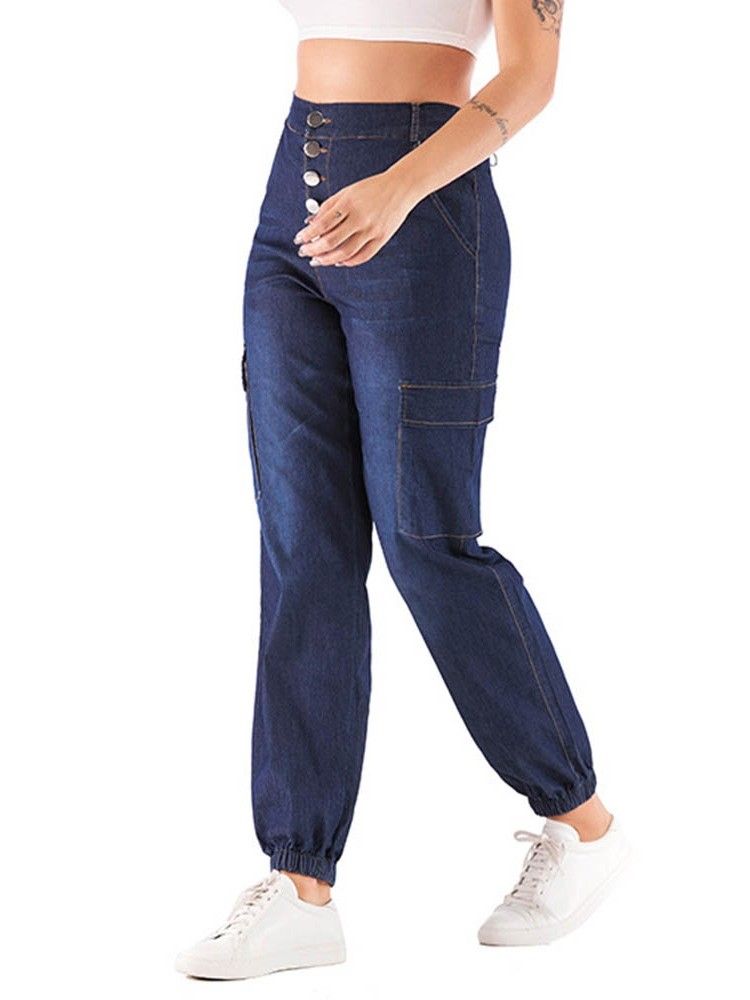 Kvinder Pocket Plain Knickerbockers Button Loose Jeans