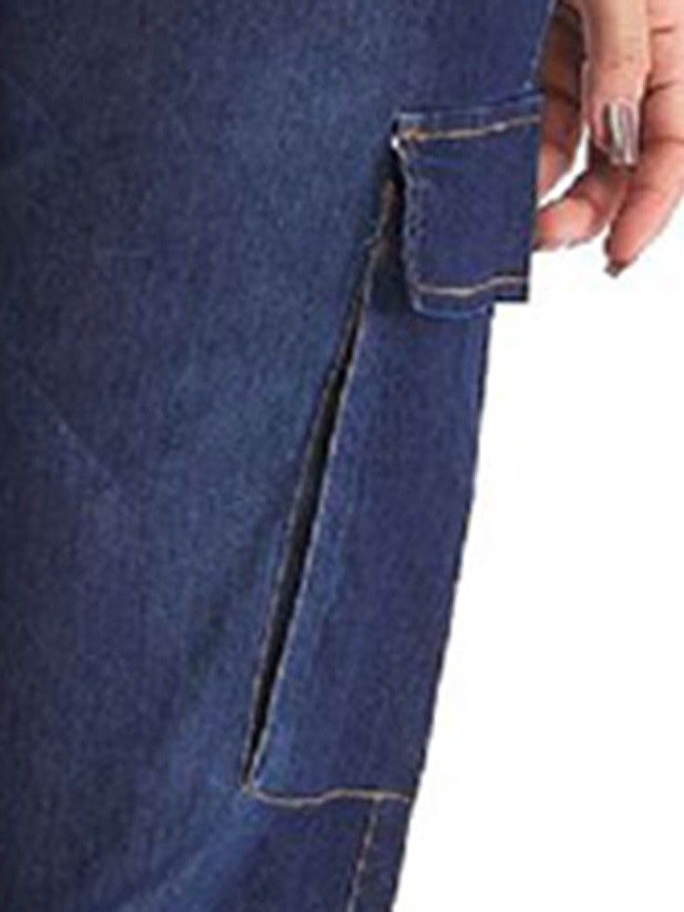 Kvinder Pocket Plain Knickerbockers Button Loose Jeans