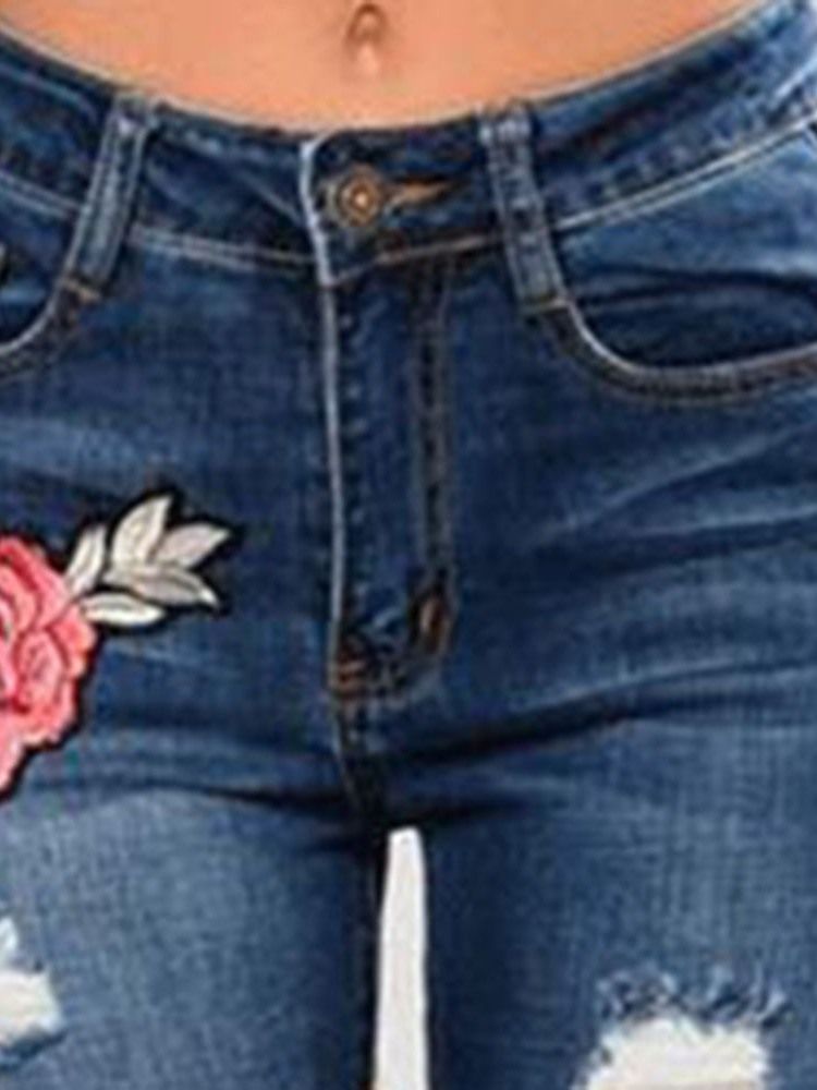 Kvinders Broderi Med Flæse Flået Slank Midjeans Jeans