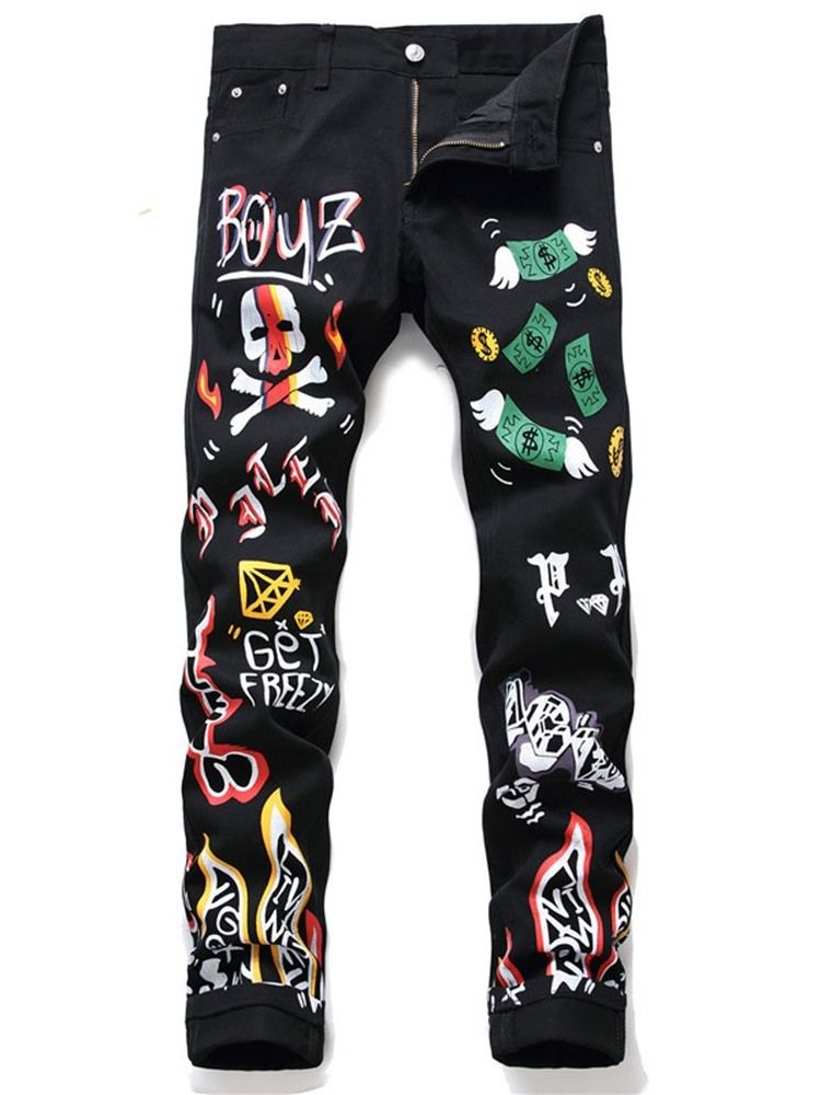 Mænds Blyantbukser Print Cartoon Mid Waist Zipper Jeans