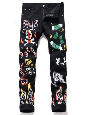 Mænds Blyantbukser Print Cartoon Mid Waist Zipper Jeans