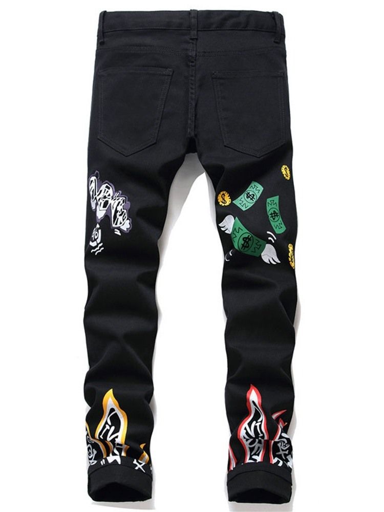 Mænds Blyantbukser Print Cartoon Mid Waist Zipper Jeans