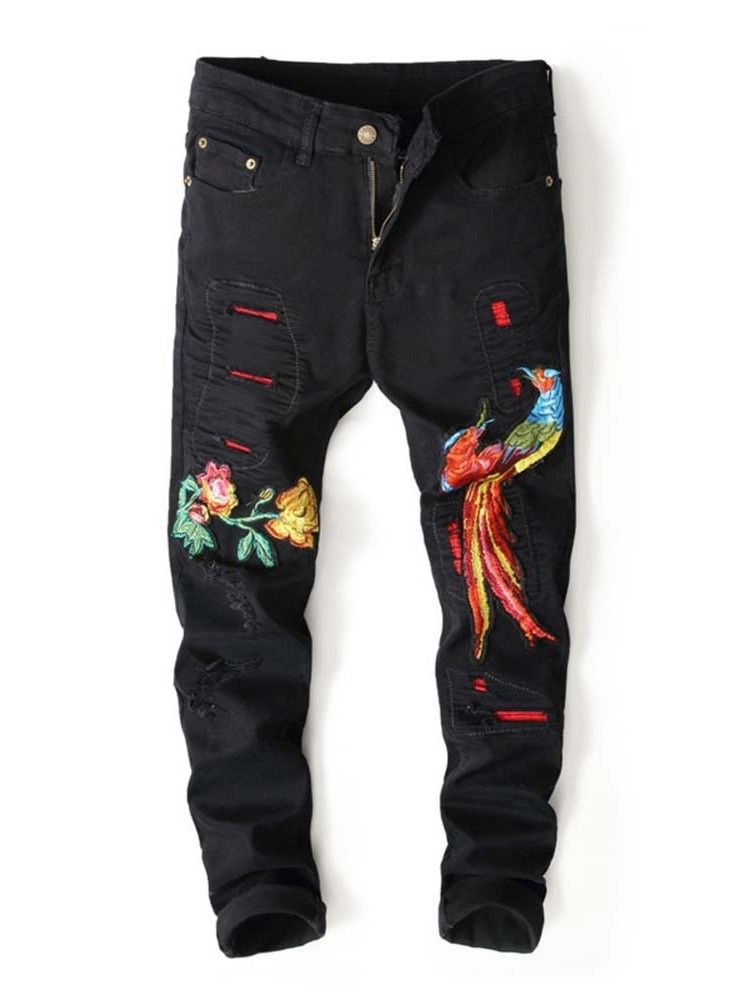 Mænds Broderiblyantbukser Blomstret Lynlås Med Midje Jeans