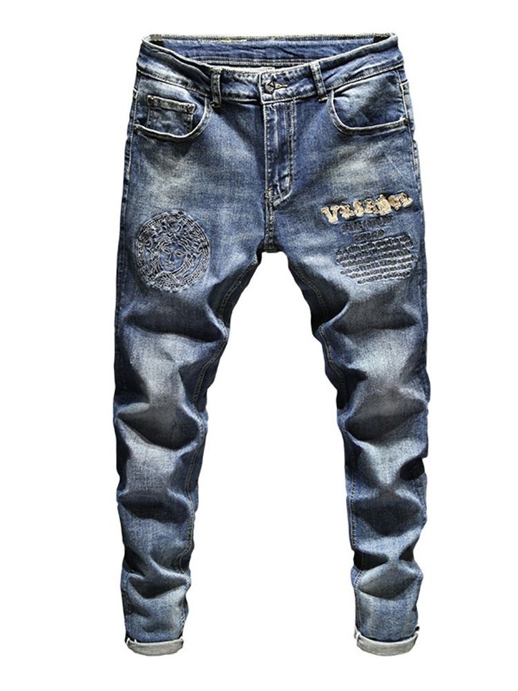 Mænds Broderibrev Blyantbukser Lynlås Casual Jeans