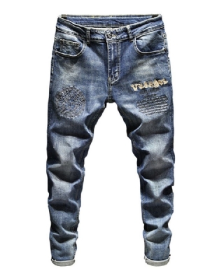 Mænds Broderibrev Blyantbukser Lynlås Casual Jeans