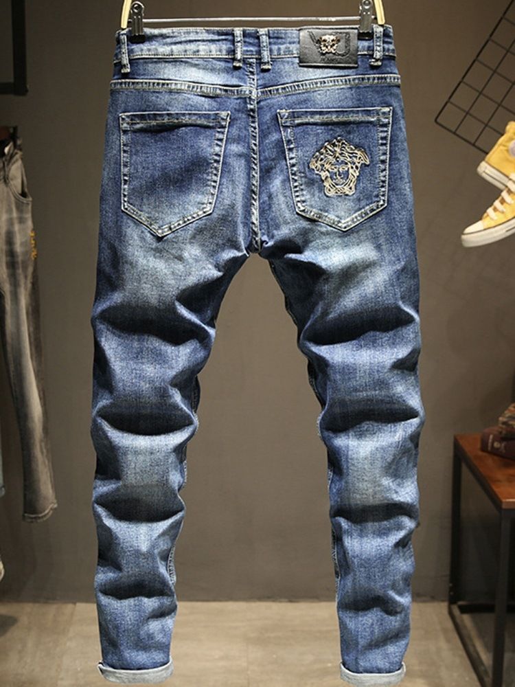 Mænds Broderibrev Blyantbukser Lynlås Casual Jeans