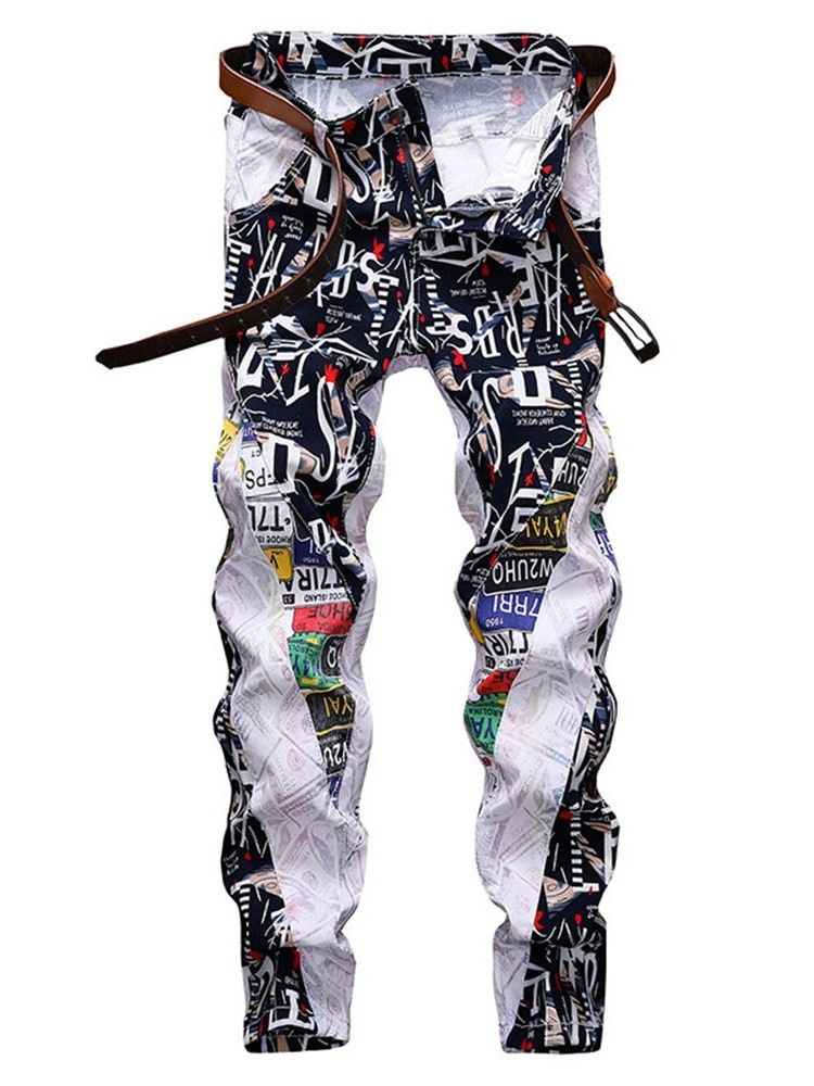 Mænds Color Block Straight Patchwork European Mid Waist Jeans