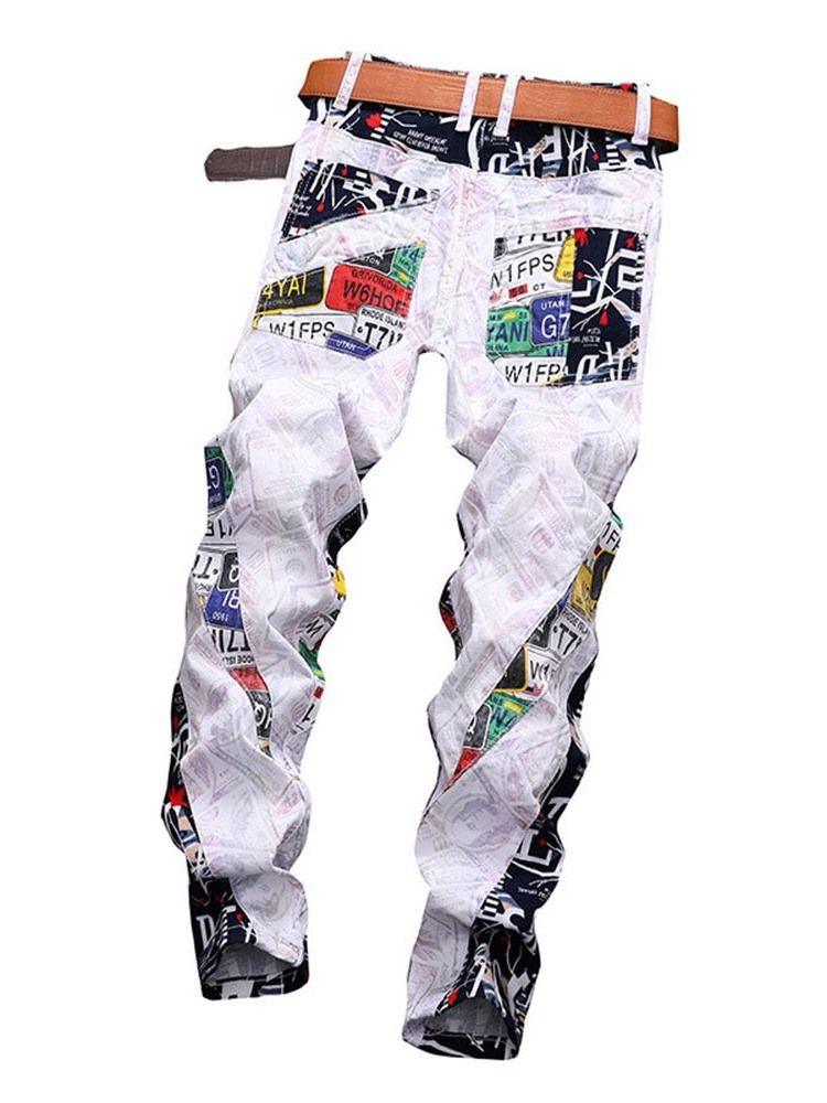 Mænds Color Block Straight Patchwork European Mid Waist Jeans