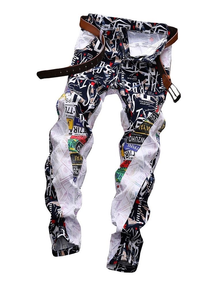 Mænds Color Block Straight Patchwork European Mid Waist Jeans