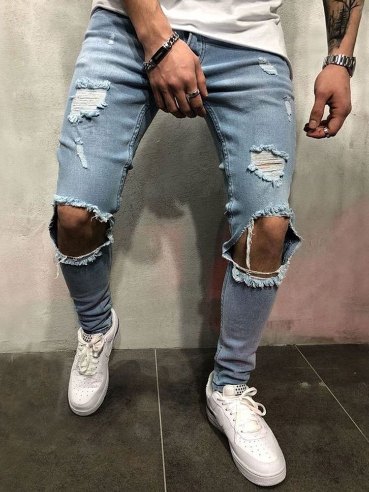 Mænds Hul Tynd Almindelig Jeans Med Lynlås Og Lav Talje