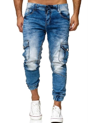 Mænds Pocket Plain Pencil Pants Snørebukser Casual Jeans