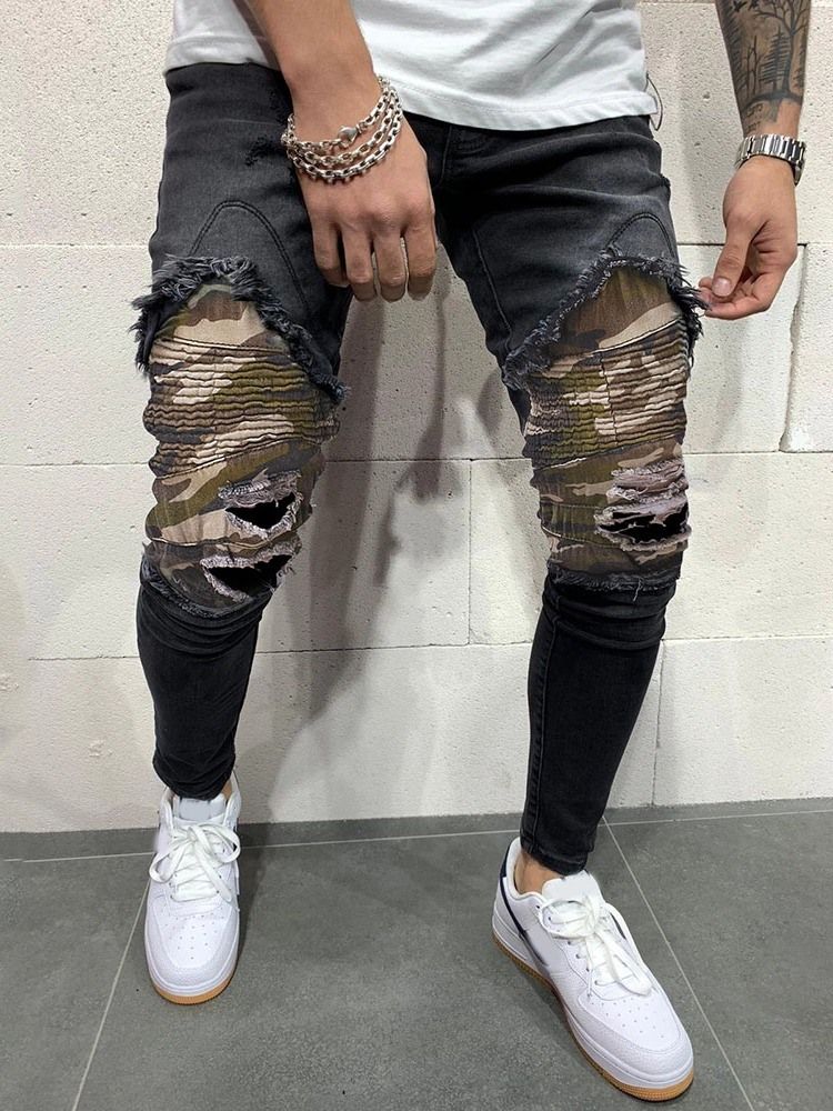 Patchwork Camouflage Pencil Pants Mid Waist European Men's Jeans