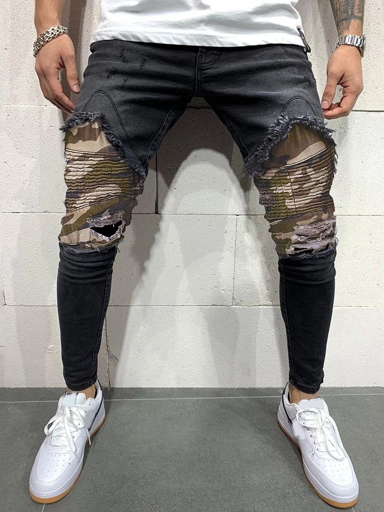 Patchwork Camouflage Pencil Pants Mid Waist European Men's Jeans