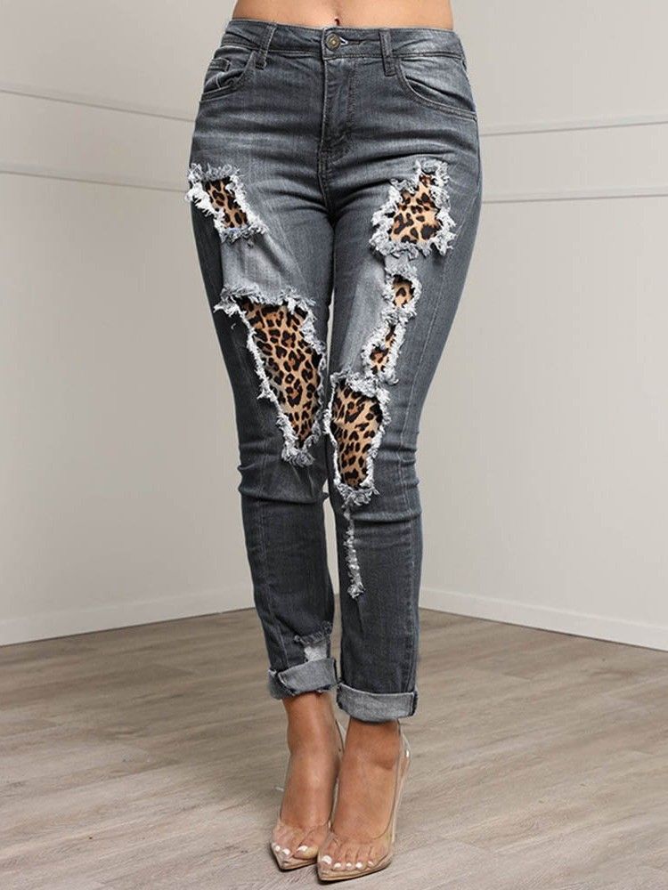 Patchwork Leopard Pencil Pants Lynlås Kvinders Slanke Jeans