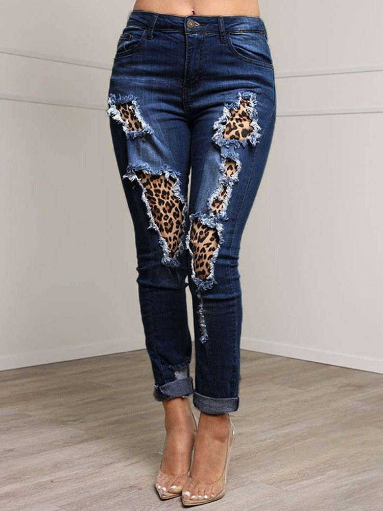 Patchwork Leopard Pencil Pants Lynlås Kvinders Slanke Jeans