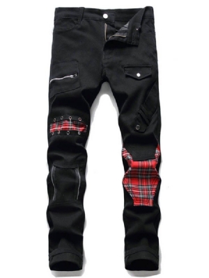 Patchwork Pencil Pants Plaid Zipper Mid Waist Men's Jeans