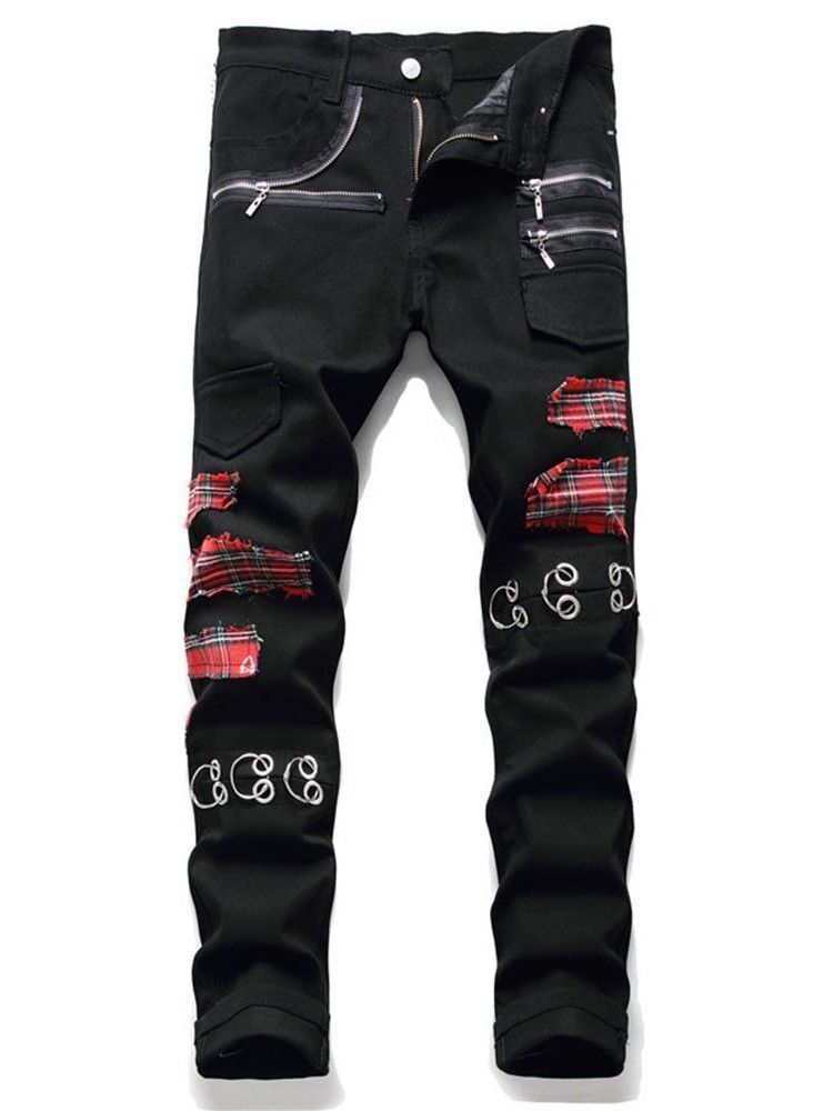 Patchwork Plaid Straight Zipper European Men's Jeans