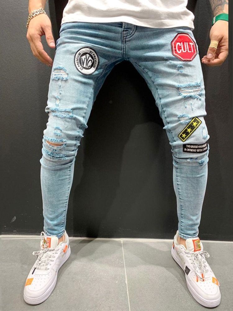 Pencil Letter Hole Casual Style Mid Waist Men's Jeans