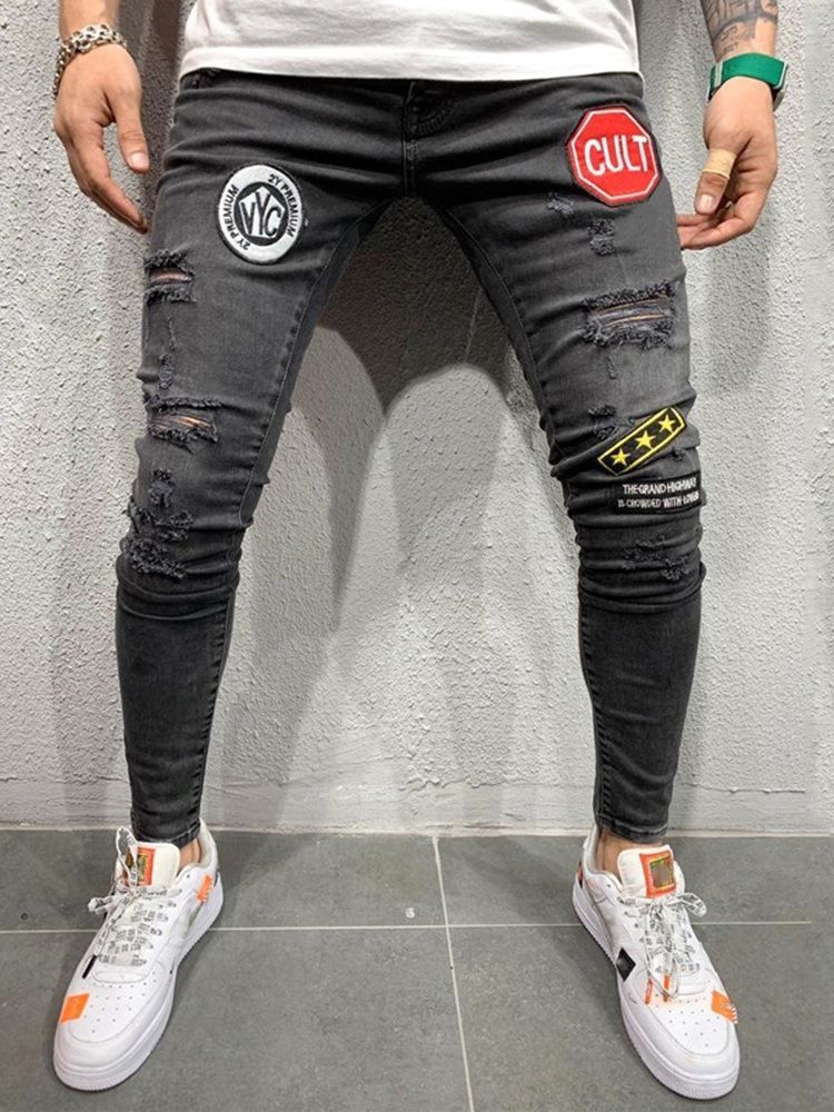 Pencil Letter Hole Casual Style Mid Waist Men's Jeans