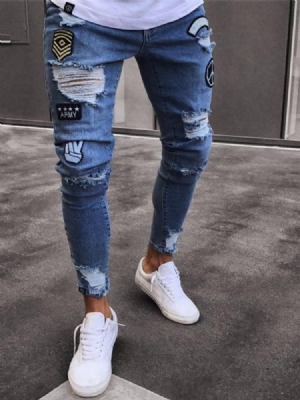 Pencil Pants Appliques Mid Waist Men's Casual Jeans