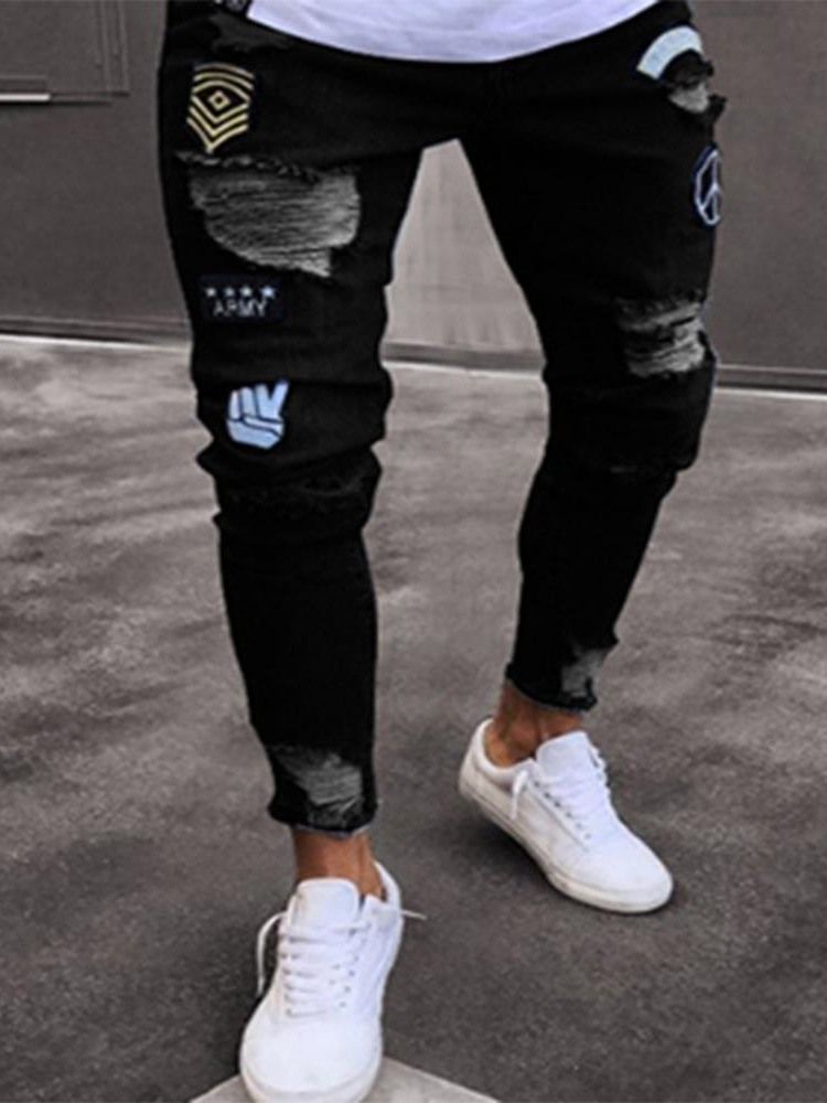 Pencil Pants Appliques Mid Waist Men's Casual Jeans