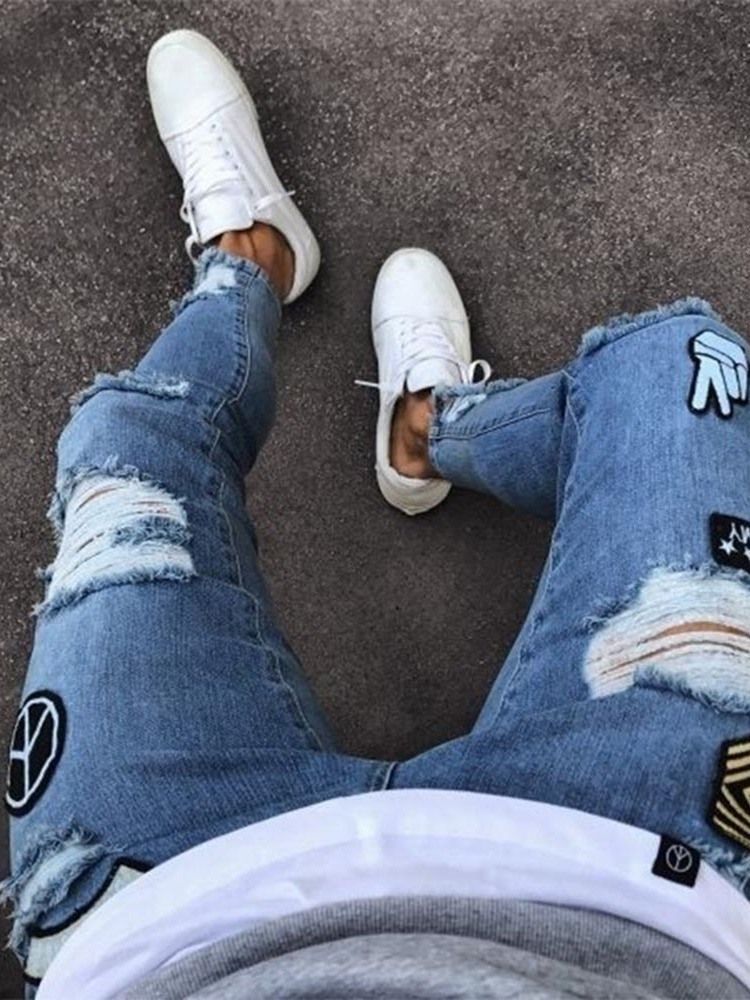 Pencil Pants Appliques Mid Waist Men's Casual Jeans