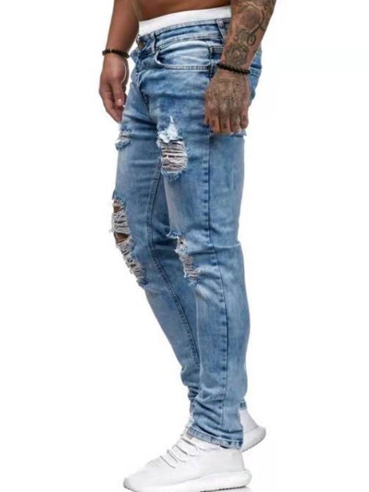 Pencil Pants Hole European Zipper Men's Jeans