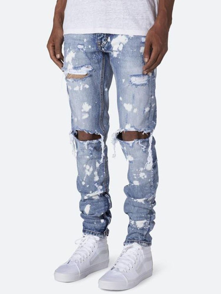 Pencil Pants Hole Mid Waist Mens Jeans