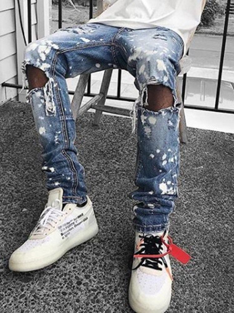 Pencil Pants Hole Mid Waist Mens Jeans