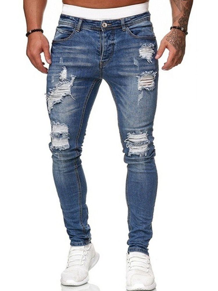 Pencil Pants Hole Mid Waist Zipper Men's Jeans