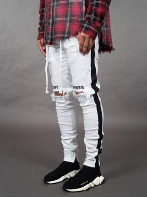 Pencil Pants Letter Hole Mid Waist Mens Casual Jeans