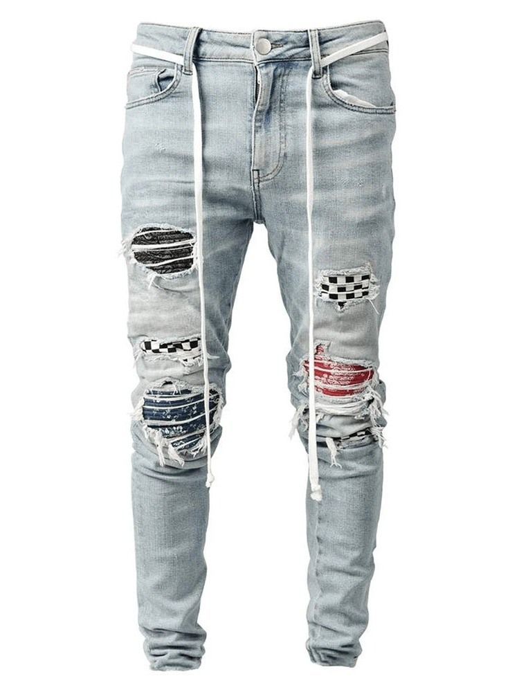 Pencil Pants Plaid Patchwork Mid Waist Hip Hop Men's Jeans