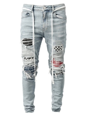 Pencil Pants Plaid Patchwork Mid Waist Hip Hop Men's Jeans