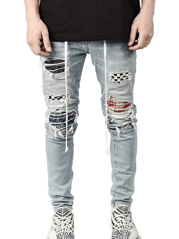 Pencil Pants Plaid Patchwork Mid Waist Hip Hop Men's Jeans