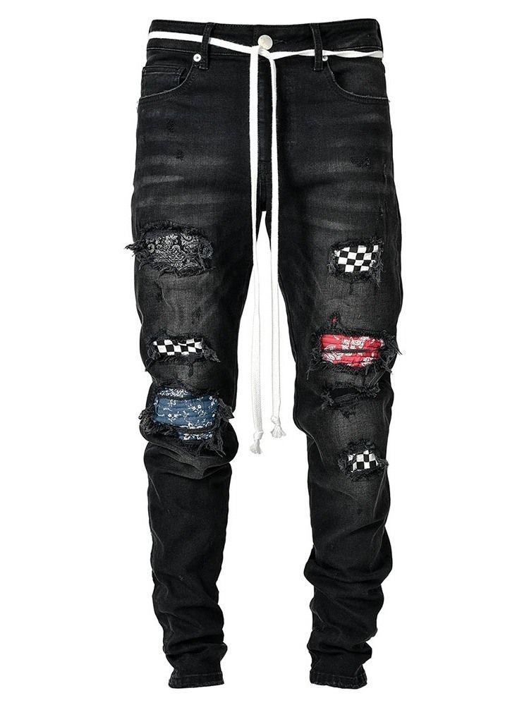 Pencil Pants Plaid Patchwork Mid Waist Hip Hop Men's Jeans