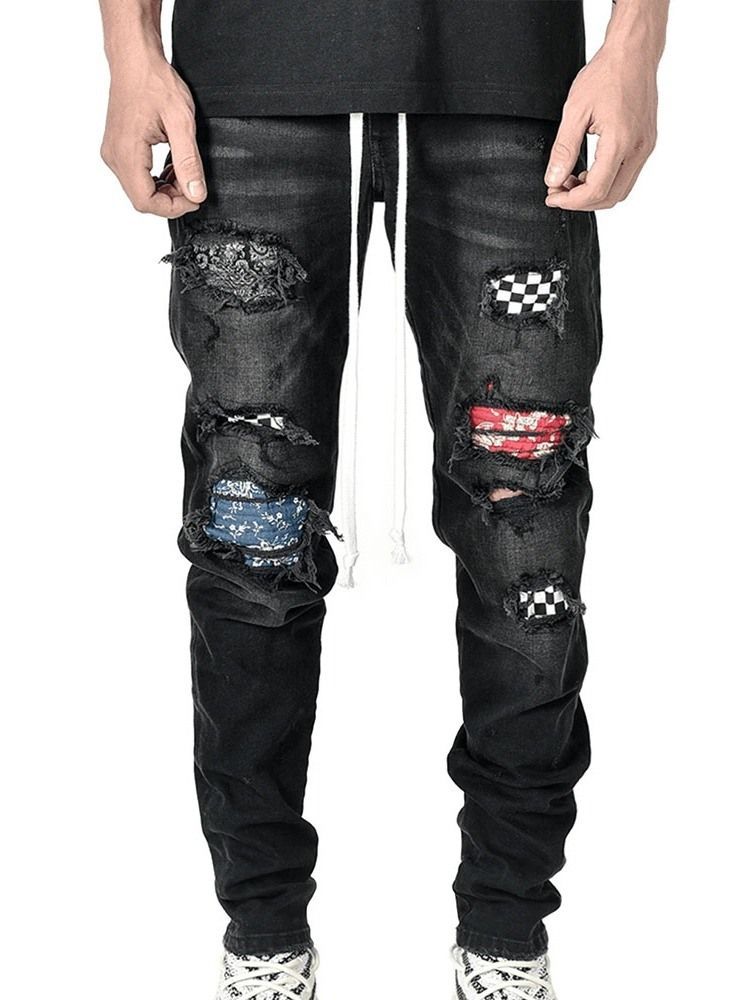 Pencil Pants Plaid Patchwork Mid Waist Hip Hop Men's Jeans