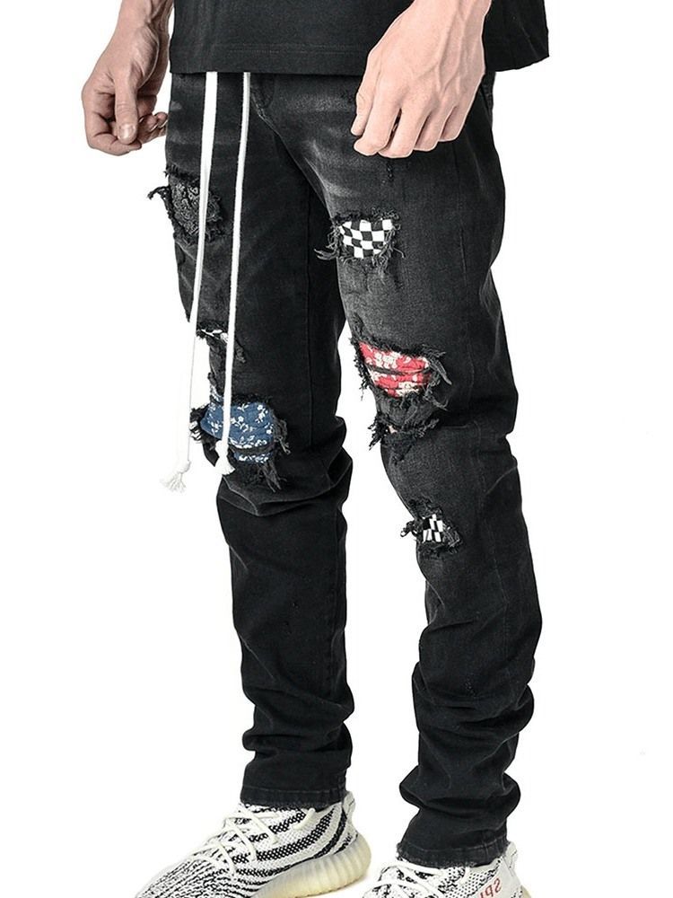 Pencil Pants Plaid Patchwork Mid Waist Hip Hop Men's Jeans