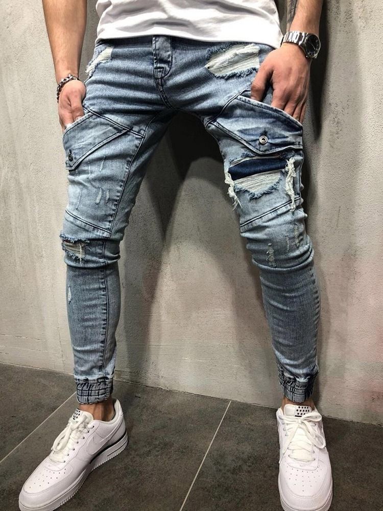 Pencil Pants Pocket Mid Waist Zipper Men's Blue Jeans