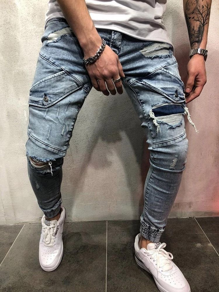 Pencil Pants Pocket Mid Waist Zipper Men's Blue Jeans