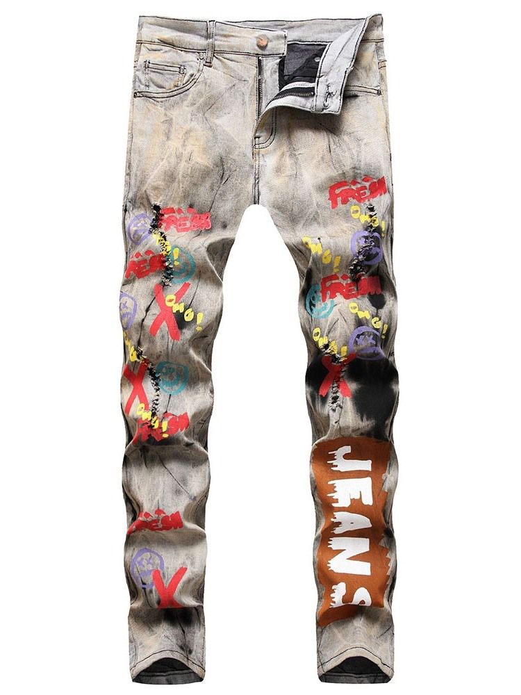 Pencil Pants Print Letter Mid Waist Zipper Men's Jeans