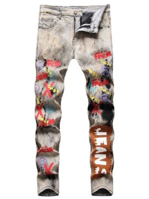 Pencil Pants Print Letter Mid Waist Zipper Men's Jeans