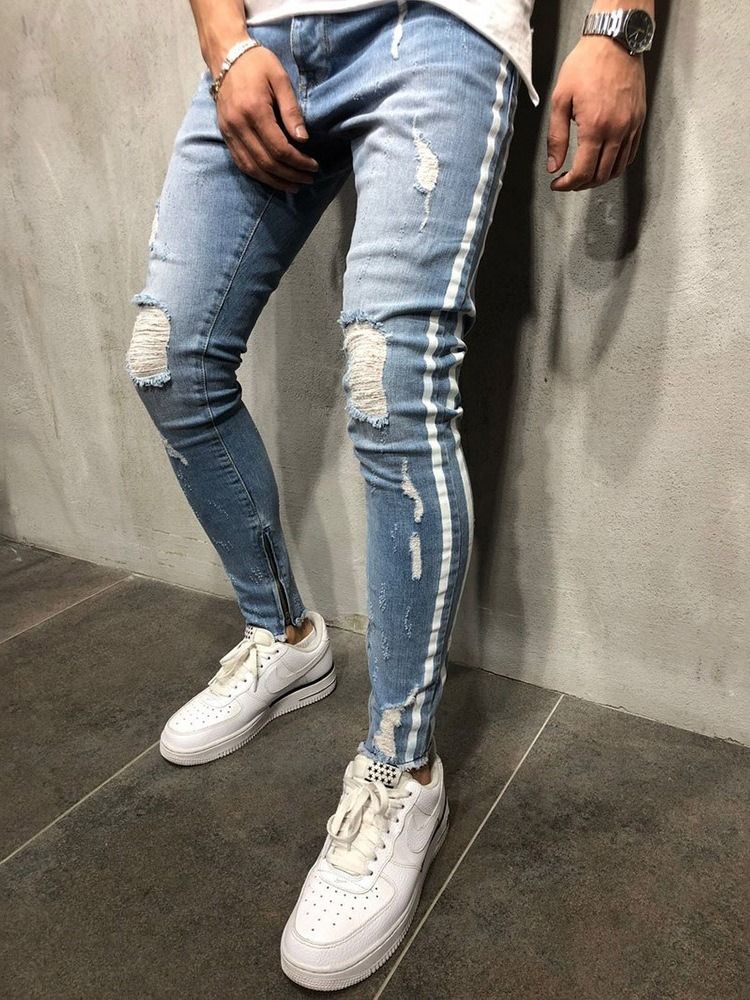 Pencil Pants Stripe Hole Mid Waist European Men's Jeans