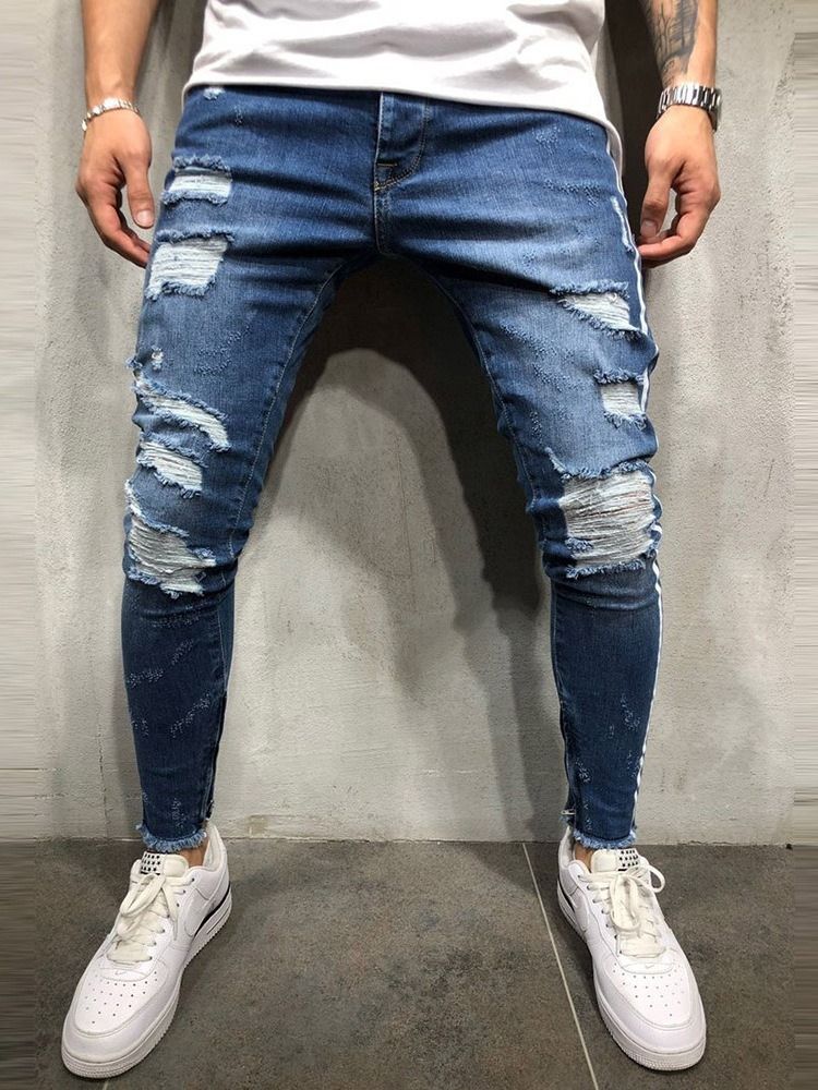 Pencil Pants Stripe Hole Mid Waist European Men's Jeans