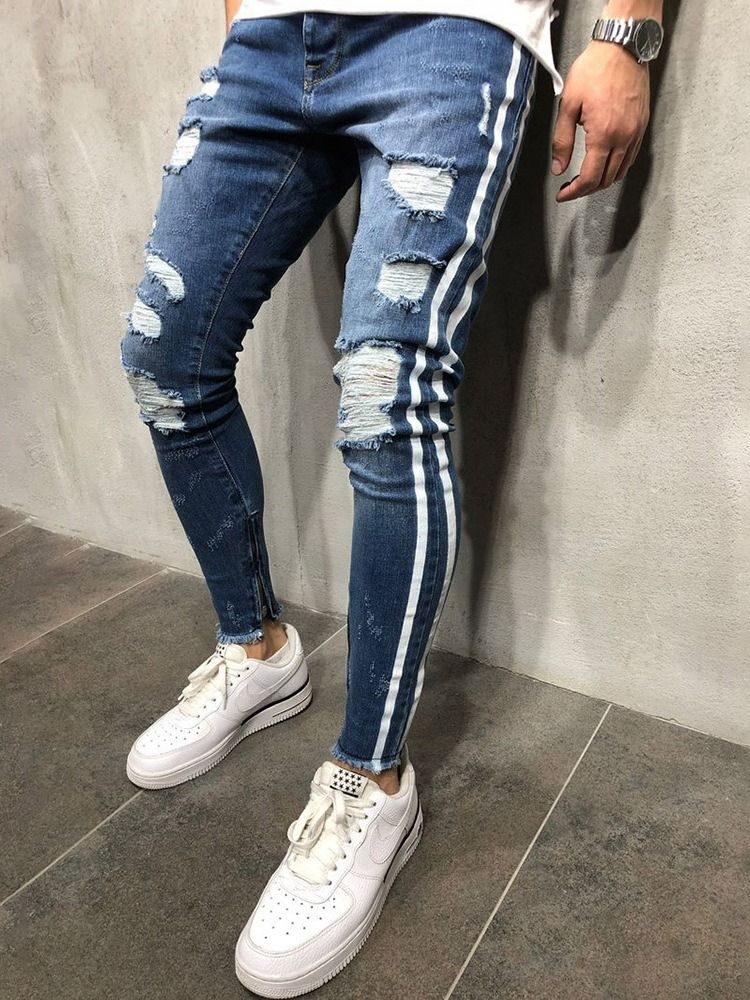 Pencil Pants Stripe Hole Mid Waist European Men's Jeans