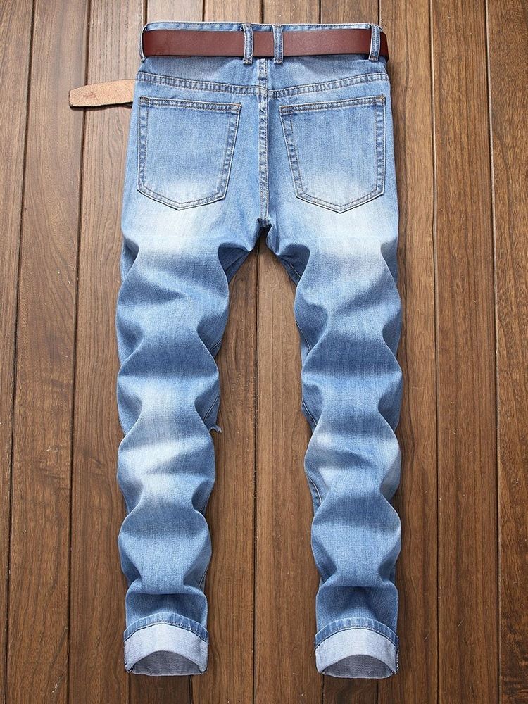 Plain Hole Zipper Mid Waist Men's Jeans