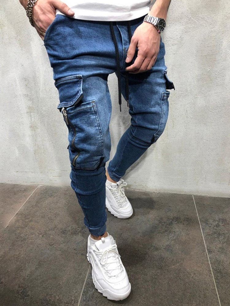 Plain Pocket Pencil Pants Lace-up Men's Jeans